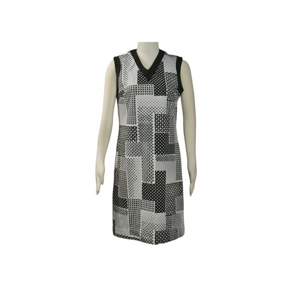 1970s Honeycomb Brand White Brown Polyester Geometric Print Sleeveless Dress - Picture 1 of 8